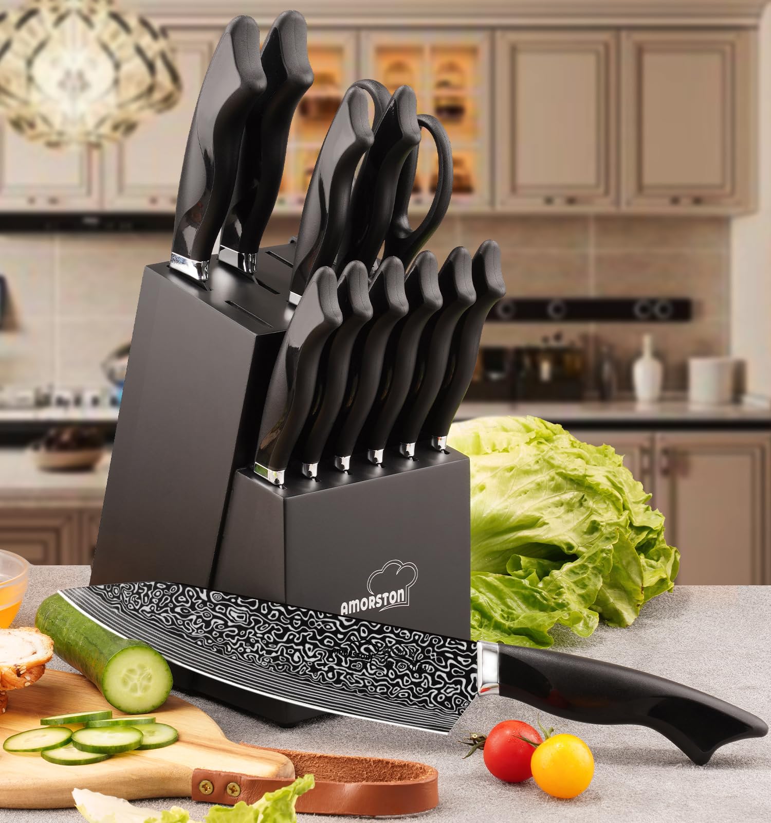 Knife Set, 15 Pieces Kitchen Knife Set with Built in Sharpener, High Carbon German Stainless Steel Knife Block Set, Dishwasher Safe