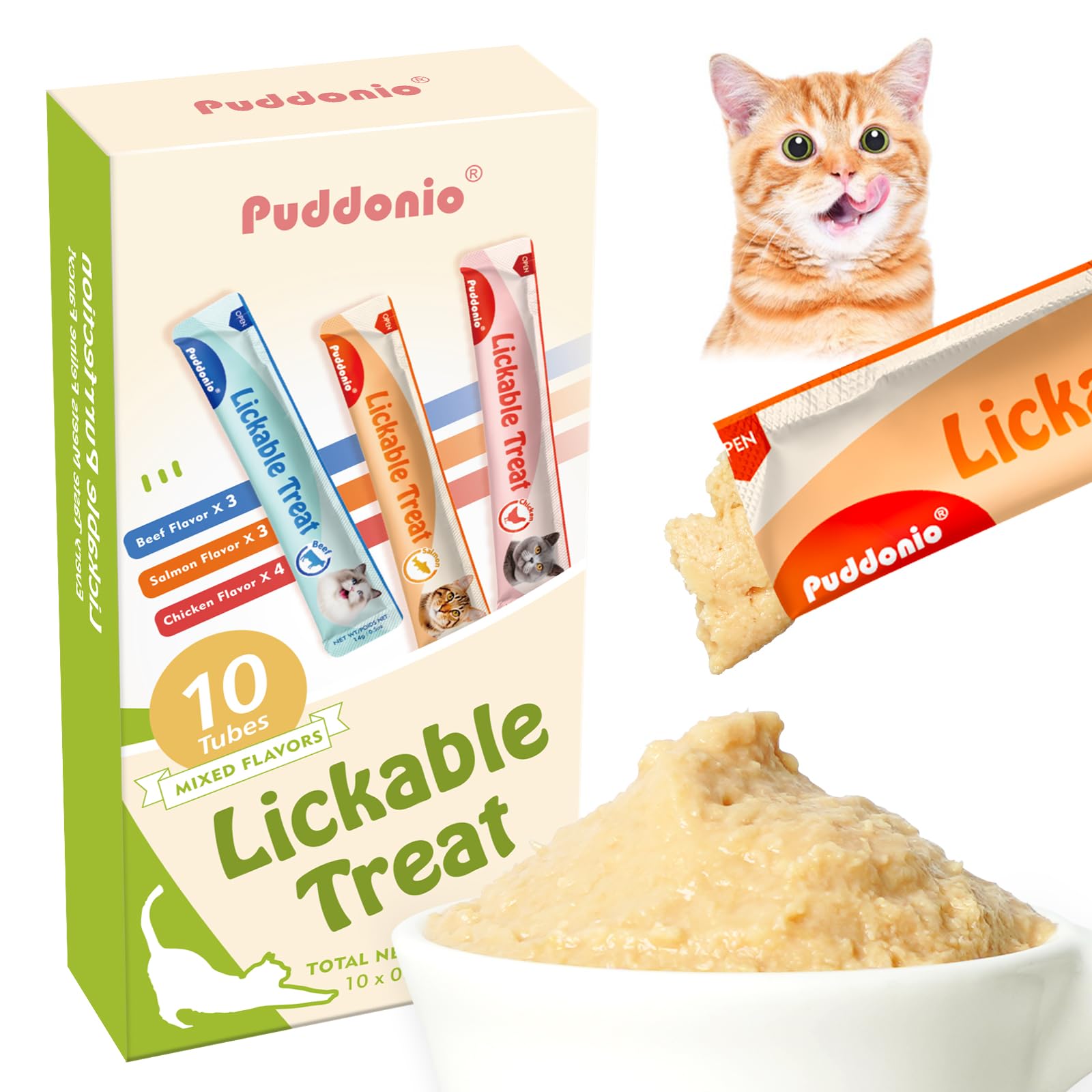 Puddonio High Meat Content Lickable Wet Cat Treats, Healthy Squeezable Soft Puree Cat Snacks - 0.5 Ounces Each Tube, 10 Tubes