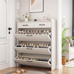 hanlives hidden shoe cabinet for entryway,narrow entry shoe storage cabinet with drawer,white flip down shoe rack wood 4 tier slim shoe storage organizer for hallway,apartment