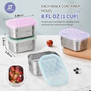 Tanjiae Stainless Steel Snack Containers for Kids and Toddlers | Easy Open Leak Proof Small Food Containers with Silicone Lids - Perfect Metal Lunch Box for Daycare and School (8oz, Set of 4)