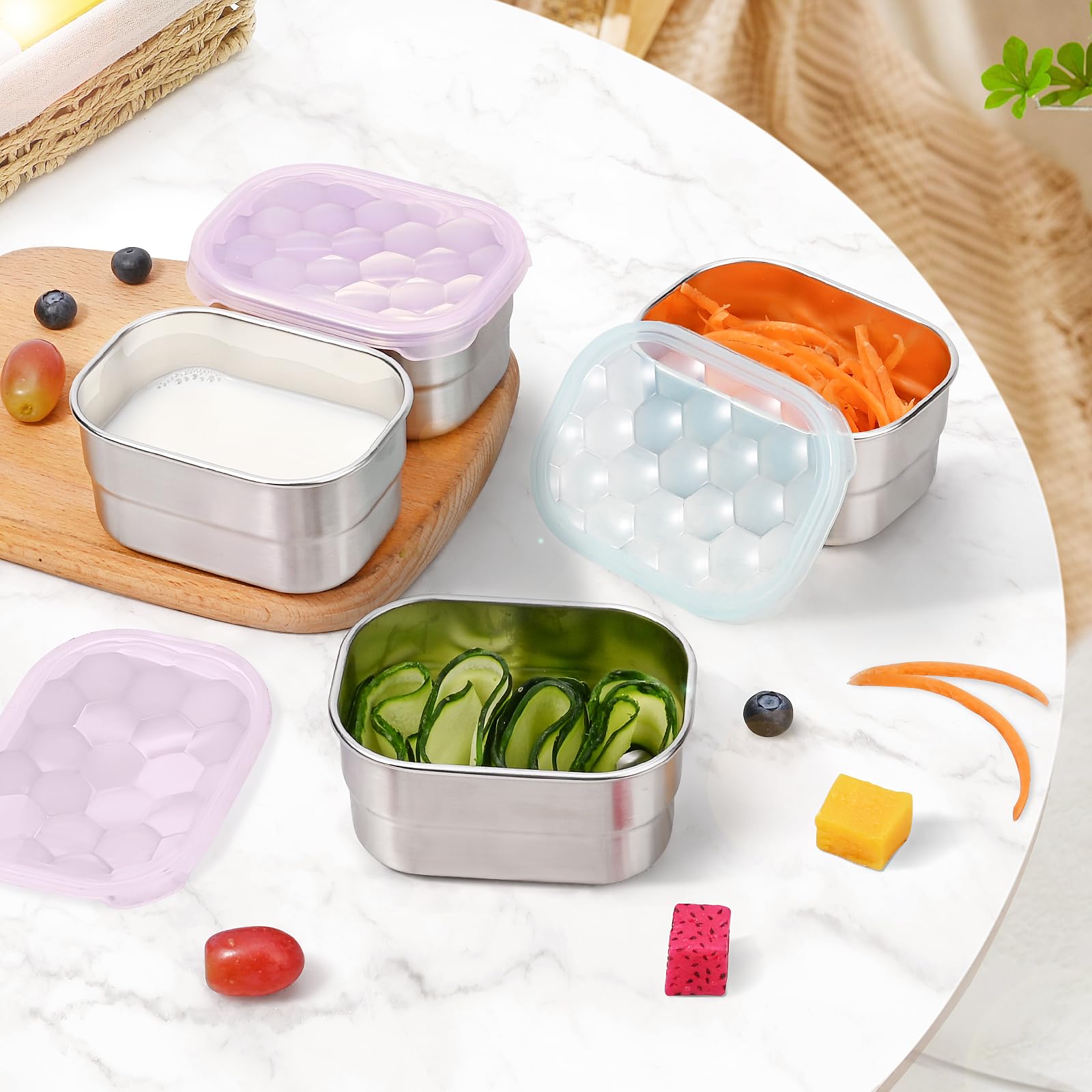 Tanjiae Stainless Steel Snack Containers for Kids and Toddlers | Easy Open Leak Proof Small Food Containers with Silicone Lids - Perfect Metal Lunch Box for Daycare and School (8oz, Set of 4)