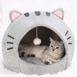 QWINEE Indoor Cat Bed Cave with Removable Cushion - Pet Plush Tent House Cartoon Ear Design Pet Bed with Pompom for Cats Kitten Dogs Puppy and Rabbit Grey S