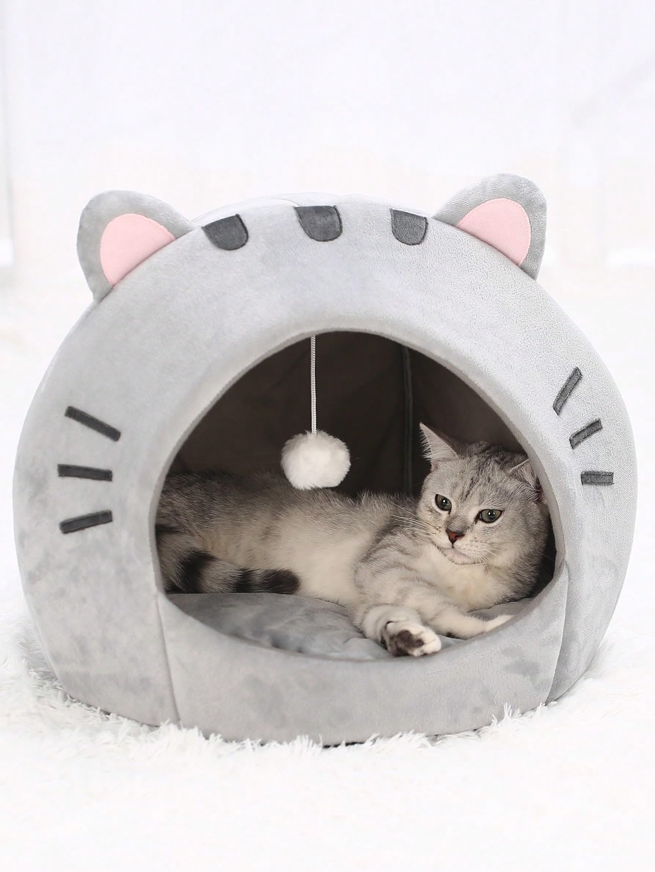 QWINEE Indoor Cat Bed Cave with Removable Cushion - Pet Plush Tent House Cartoon Ear Design Pet Bed with Pompom for Cats Kitten Dogs Puppy and Rabbit Grey S