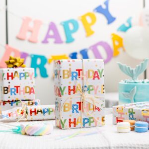 Merture Colorful Wrapping Paper Roll, Happy Birthday Gift Wrap - 17 In X 32.8 Ft - 1 Roll (46.5 sq.ft.ttl.) Foil Happy Birthday Lettering & Candles Wrapping Paper for Birthday, Baby Shower, Party