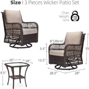 Rocking Swivel Chair, Outdoor Rattan Chairs Set with Side Table and Cushions, Patio Conversation Furniture Set 3 Piece for Outside Porch Deck Balcony Garden Backyard