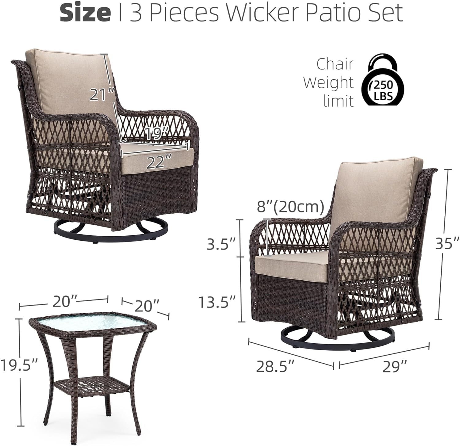 Rocking Swivel Chair, Outdoor Rattan Chairs Set with Side Table and Cushions, Patio Conversation Furniture Set 3 Piece for Outside Porch Deck Balcony Garden Backyard