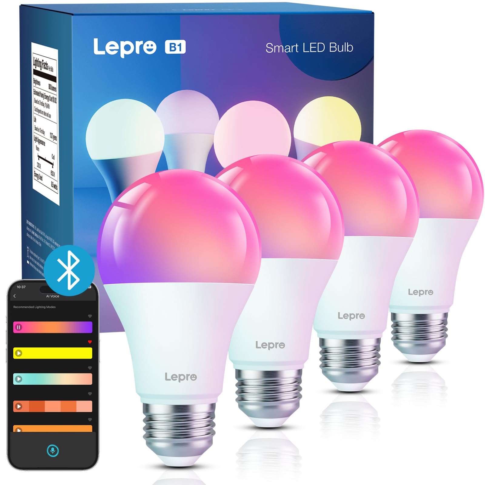 Lepro B1 AI Smart Light Bulbs - Dimmable Bluetooth LED Bulb with App Control, AI Generated Lighting LLM, AI Voice Control, Music Sync, RGBWW Color Changing Lights Bulb for Home, Party, 4 Packs