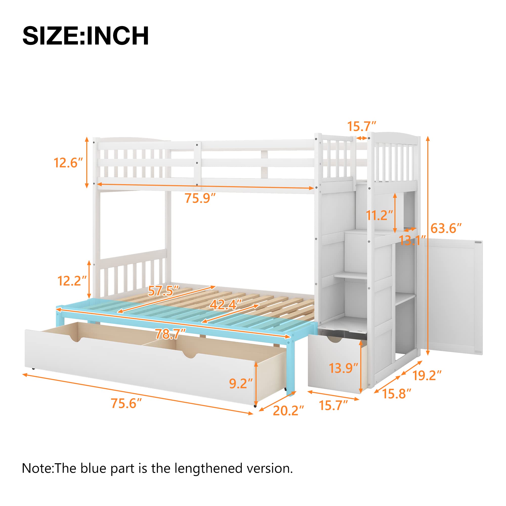 SOFTSEA Bunk Bed Twin Over Full with Drawers, Twin Over Twin Bunk Bed Frame with Storage Cabinet for Kids, No Box Spring Needed(White)