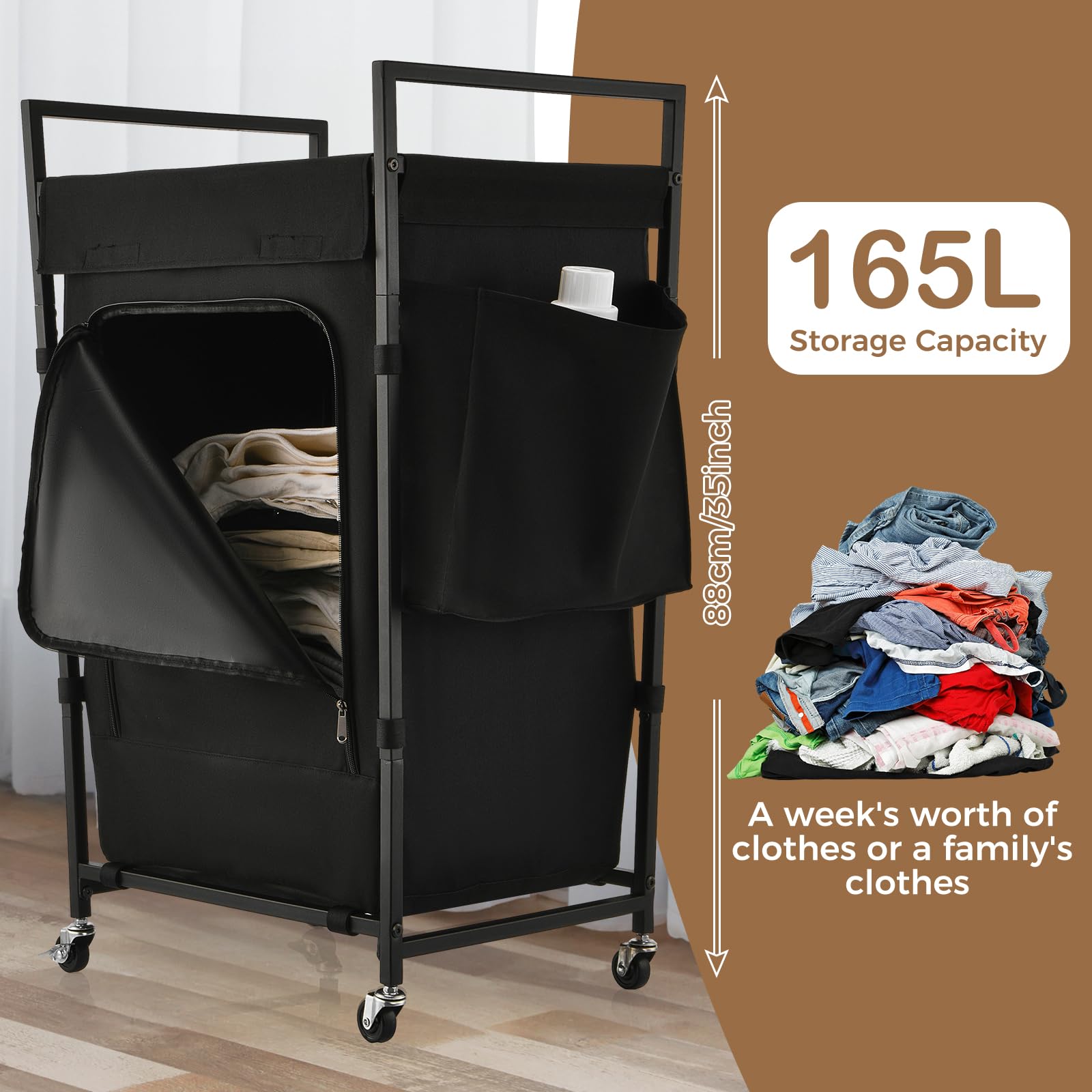 Laundry Hamper with Universal Wheels, Uclet 165L Rolling Laundry Basket with Lid and Inner Bag, Large Clothes Hamper 35 Inch Height Tall Hamper for Laundry Room, Bedroom, Bathroom, Dorm, Black