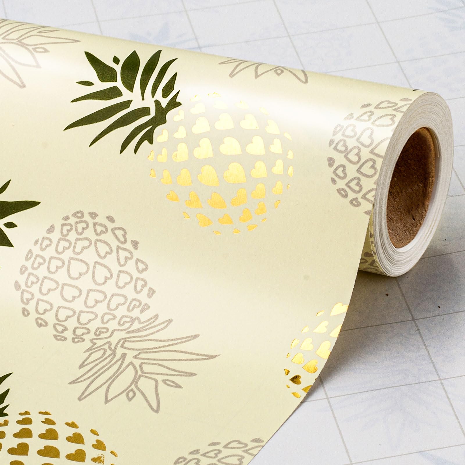 Garbendy Pineapple Wrapping Paper Roll - Gold Foil Design with Cut Lines for Birthdays, Holidays, Weddings, Baby Showers - 17" x33ft