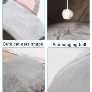 QWINEE Indoor Cat Bed Cave with Removable Cushion - Pet Plush Tent House Cartoon Ear Design Pet Bed with Pompom for Cats Kitten Dogs Puppy and Rabbit Grey S