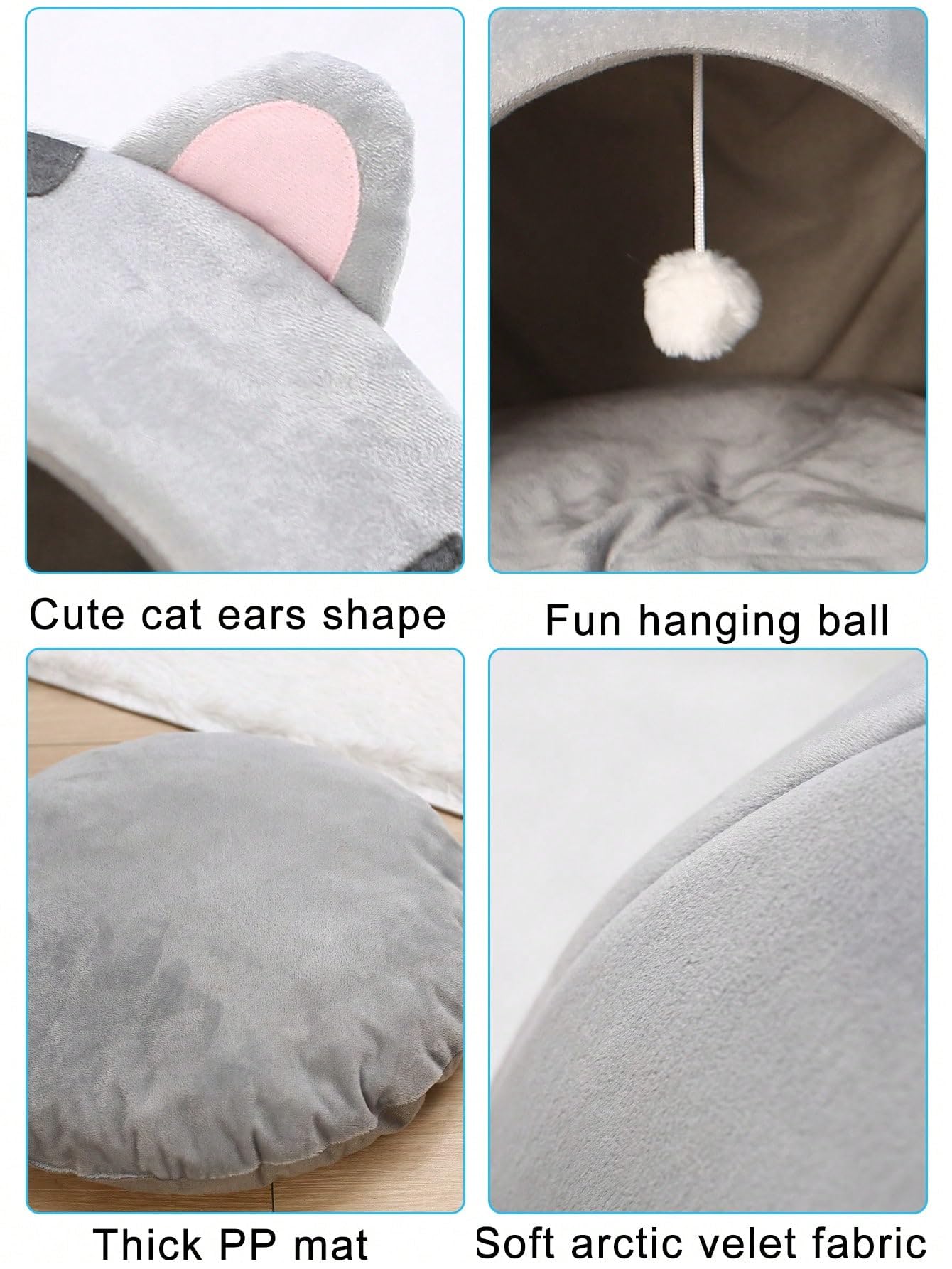 QWINEE Indoor Cat Bed Cave with Removable Cushion - Pet Plush Tent House Cartoon Ear Design Pet Bed with Pompom for Cats Kitten Dogs Puppy and Rabbit Grey S