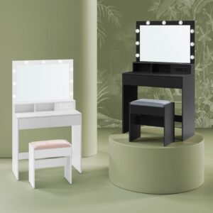 VASAGLE Vanity Desk with Power Outlets, Makeup Vanity with Mirror and Lights, with Upholstered Vanity Stool, 9 Dimmable LED Lights, 2 Compartments, 2 Drawers, for Bedroom, Ink Black URDT029B01