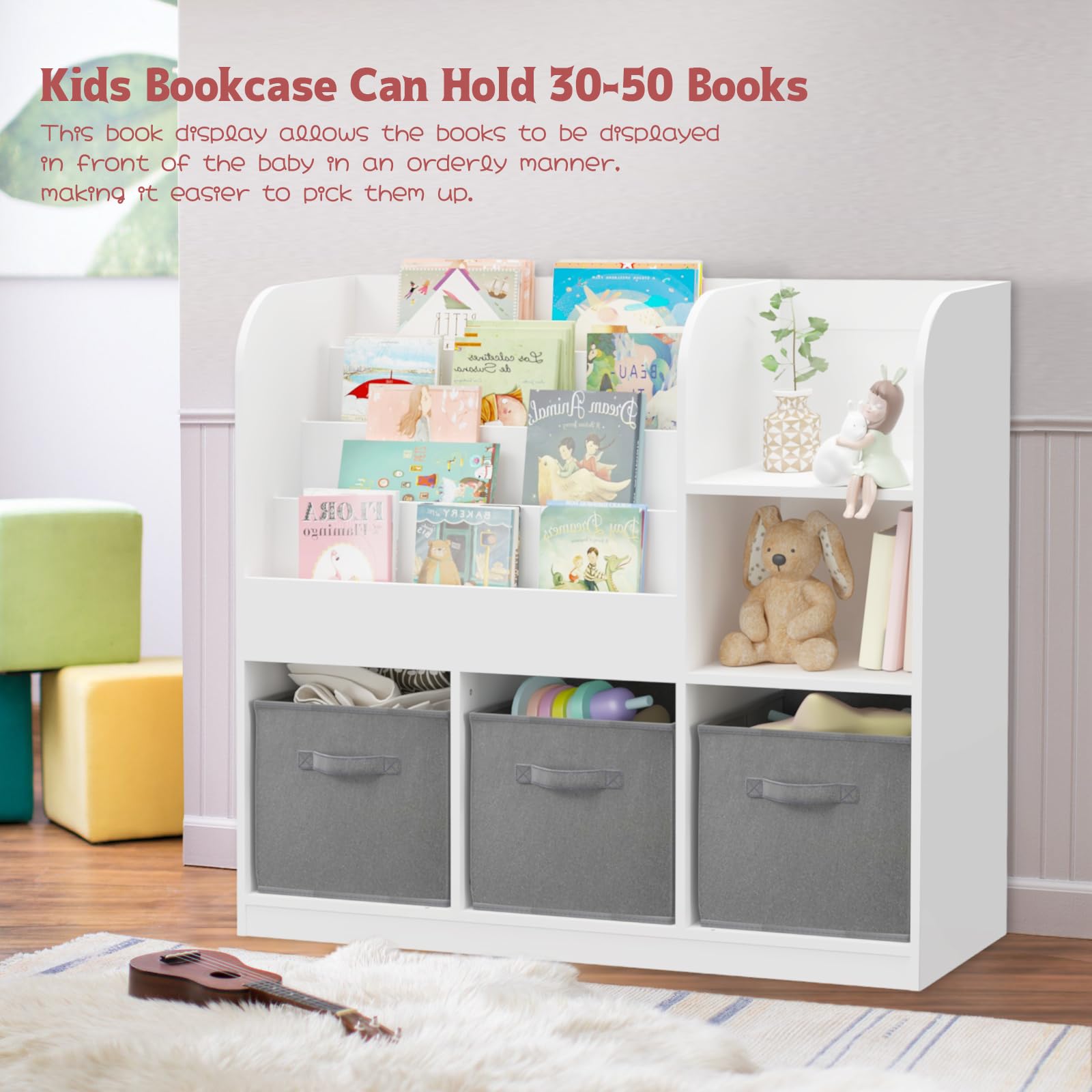 BAOMKONG Kids Bookcase and Bookshelf, Multi Shelf Cubby with 3 Collapsible Fabric Drawers, Children's Book and Toy Display Rack, Toy Storage Organizer for Bedroom, Playroom, Hallway, White + Grey