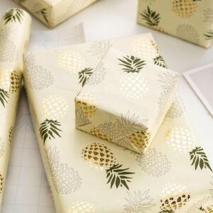 Garbendy Pineapple Wrapping Paper Roll - Gold Foil Design with Cut Lines for Birthdays, Holidays, Weddings, Baby Showers - 17" x33ft