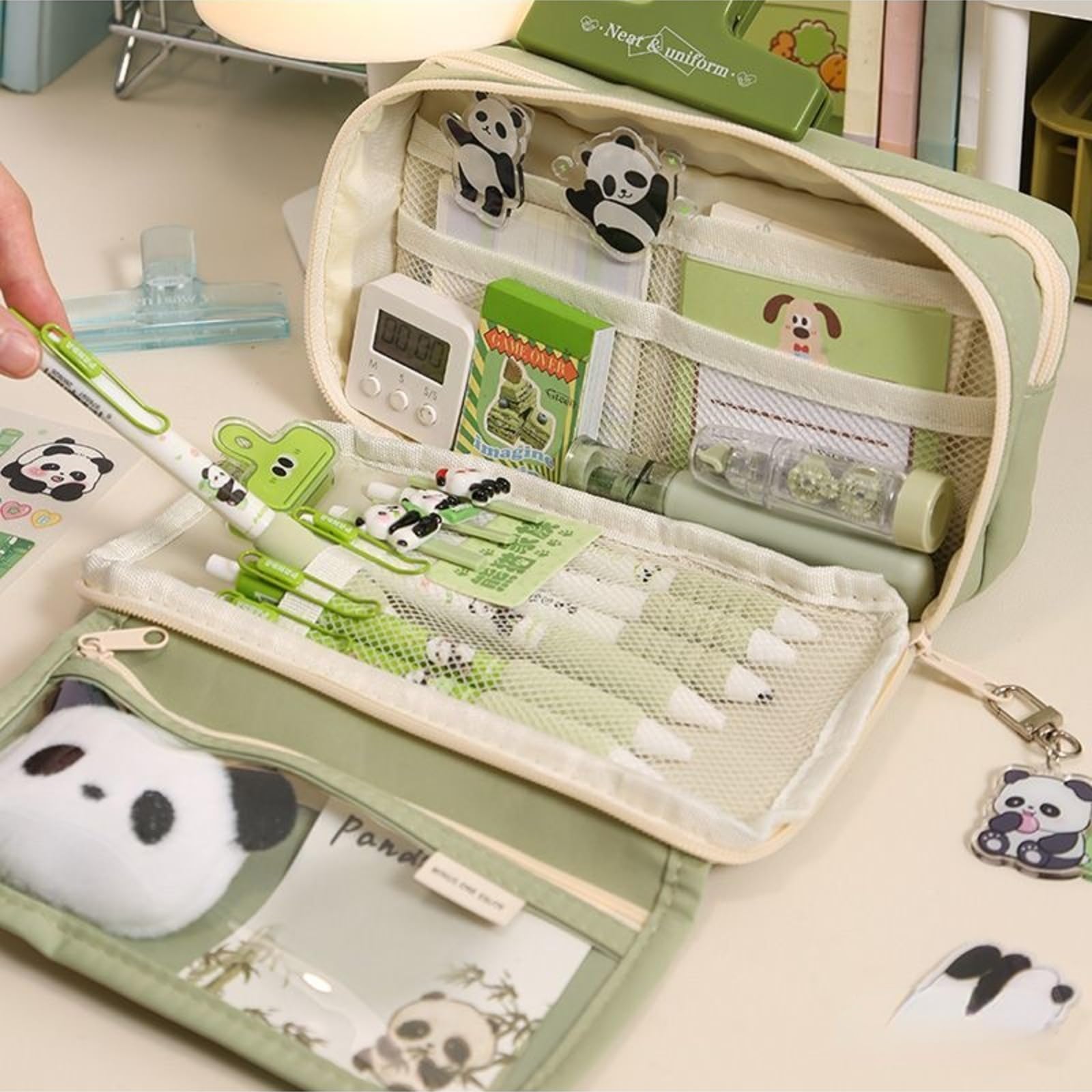 Ecqizer 10Pcs Cute Panda Pencil Case Large Capacity for Adults Aesthetic Pencil Case Kawaii Pencil Pouch Cute With Zipper Preppy Pen Bag With Gel Ink Pens, Clips, Stickers, Pin (Green)