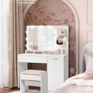 VASAGLE Vanity Desk with Mirror and Lights, 43.3-Inch Wide Makeup Vanity with Upholstered Vanity Stool, Power Outlets, Dimmable LED Lights, Storage Drawer, for Bedroom, Cloud White URDT628W01