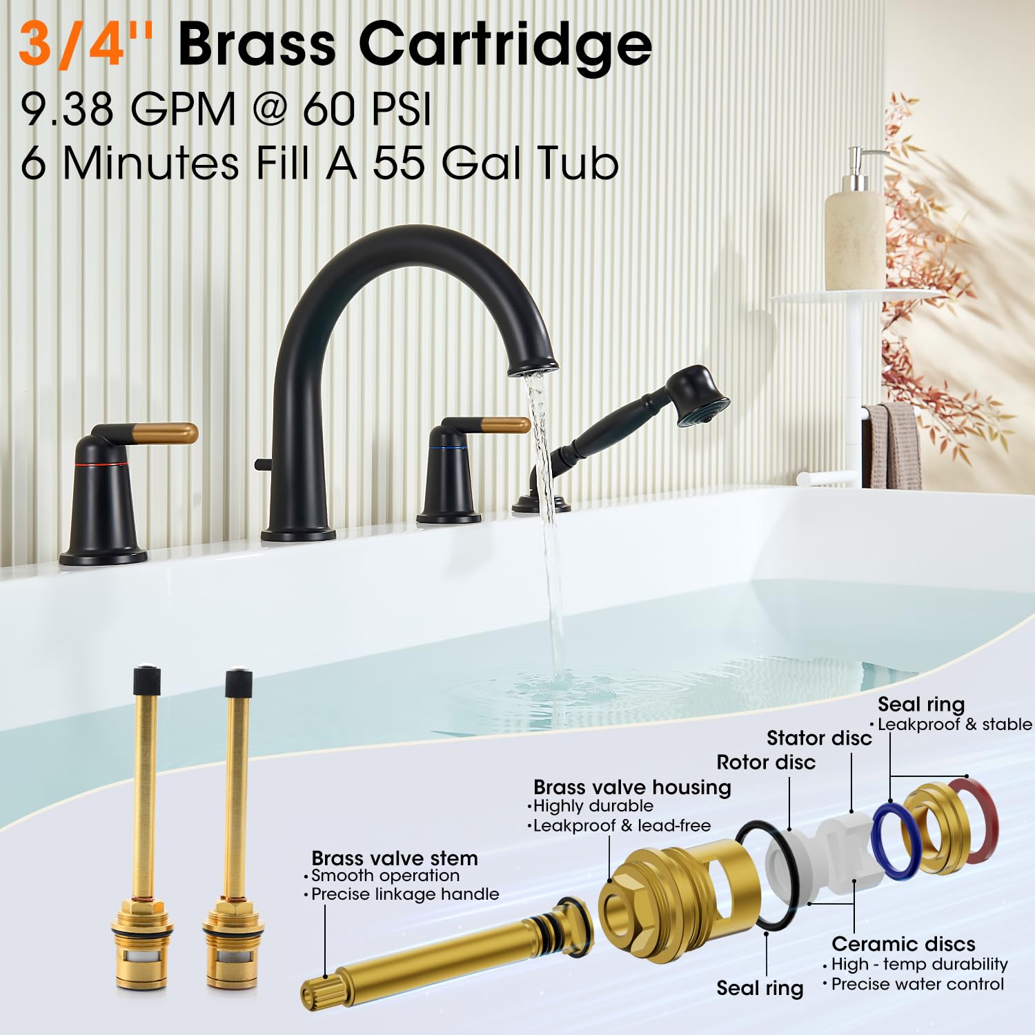 Wintap Black & Rose Gold Roman Bathtub Faucet Set with Hand Shower & Brass Valve Widespread Deck Mount 4 Hole High Flow Tub Faucets