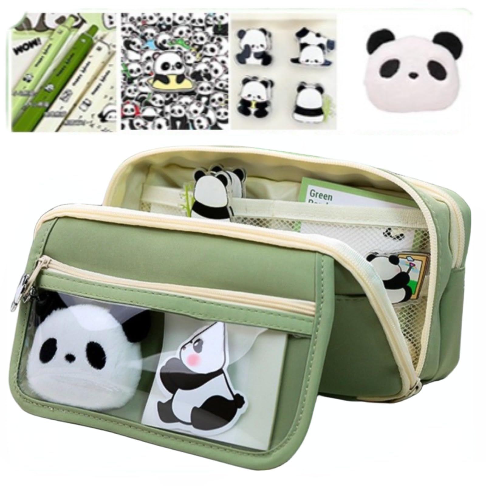 Ecqizer 10Pcs Cute Panda Pencil Case Large Capacity for Adults Aesthetic Pencil Case Kawaii Pencil Pouch Cute With Zipper Preppy Pen Bag With Gel Ink Pens, Clips, Stickers, Pin (Green)