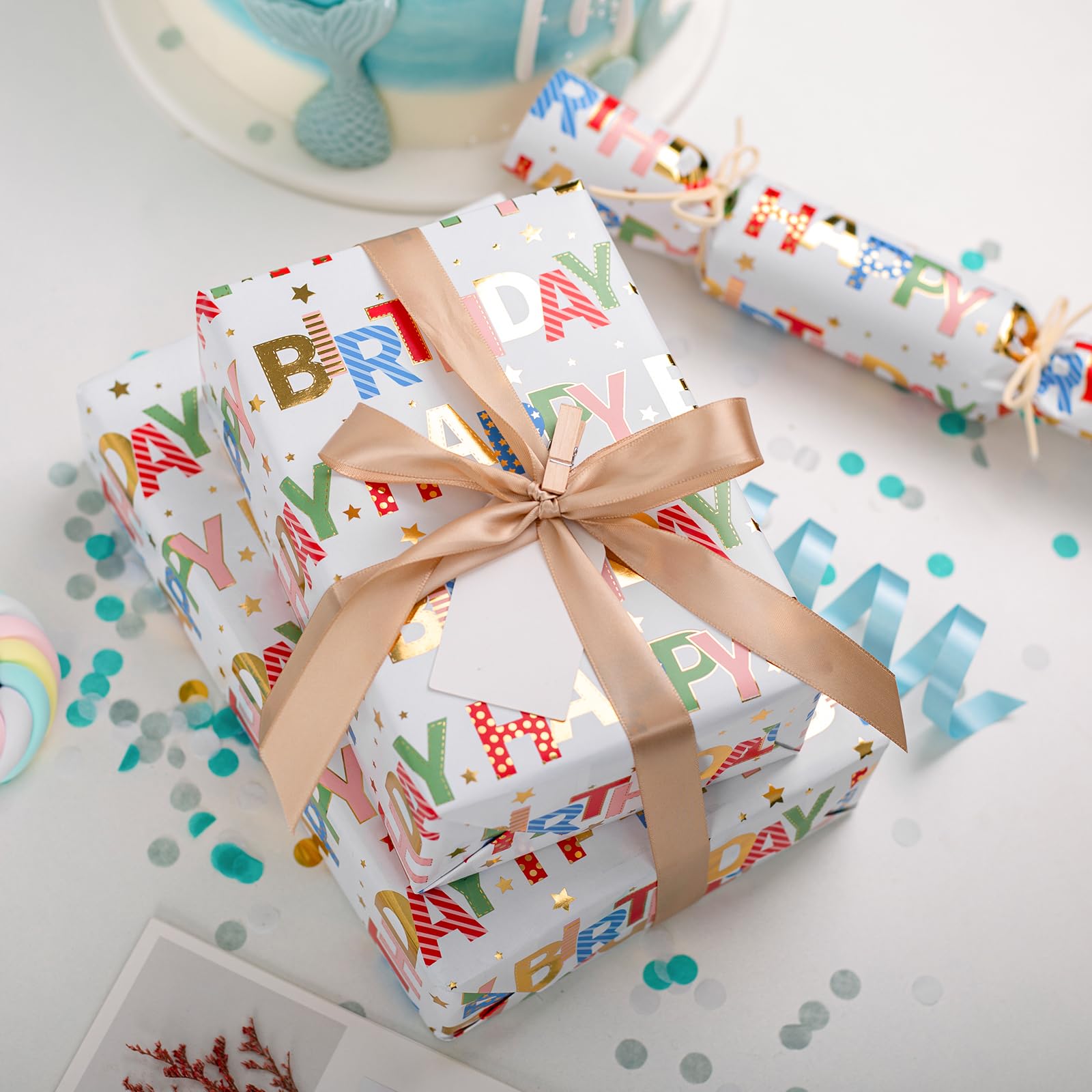 Merture Colorful Wrapping Paper Roll, Happy Birthday Gift Wrap - 17 In X 32.8 Ft - 1 Roll (46.5 sq.ft.ttl.) Foil Happy Birthday Lettering & Candles Wrapping Paper for Birthday, Baby Shower, Party