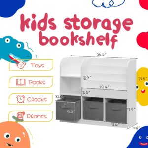 BAOMKONG Kids Bookcase and Bookshelf, Multi Shelf Cubby with 3 Collapsible Fabric Drawers, Children's Book and Toy Display Rack, Toy Storage Organizer for Bedroom, Playroom, Hallway, White + Grey