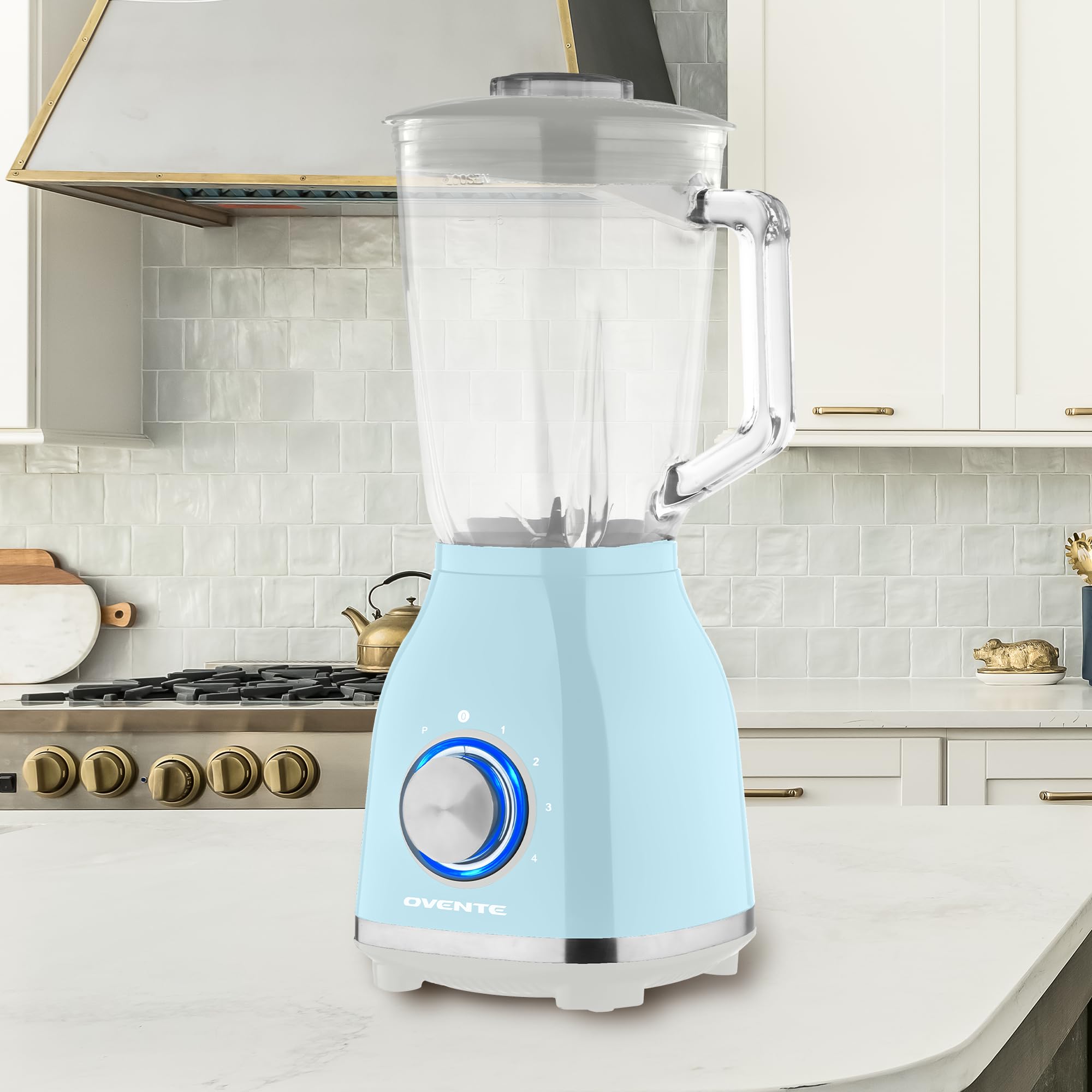 OVENTE Countertop Kitchen Blender with 550 Watts, Stainless Steel Blades, 4 Speed Settings, 50oz Glass Jar for Shakes, Smoothies, Purees, Crushed Ice, Frozen Drinks, Sauces, & More, Blue BLH2604LBL