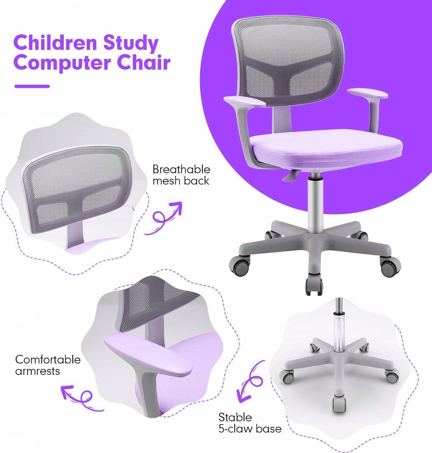 FUTADA Kids Desk Chair, Height Adjustable Children Study Chair w/Lumbar Support, Swivel Mesh Seat, Universal Casters, Ergonomic Kids Task Chair for Boys Girls Aged 3-10, Home, School, Office (Purple)