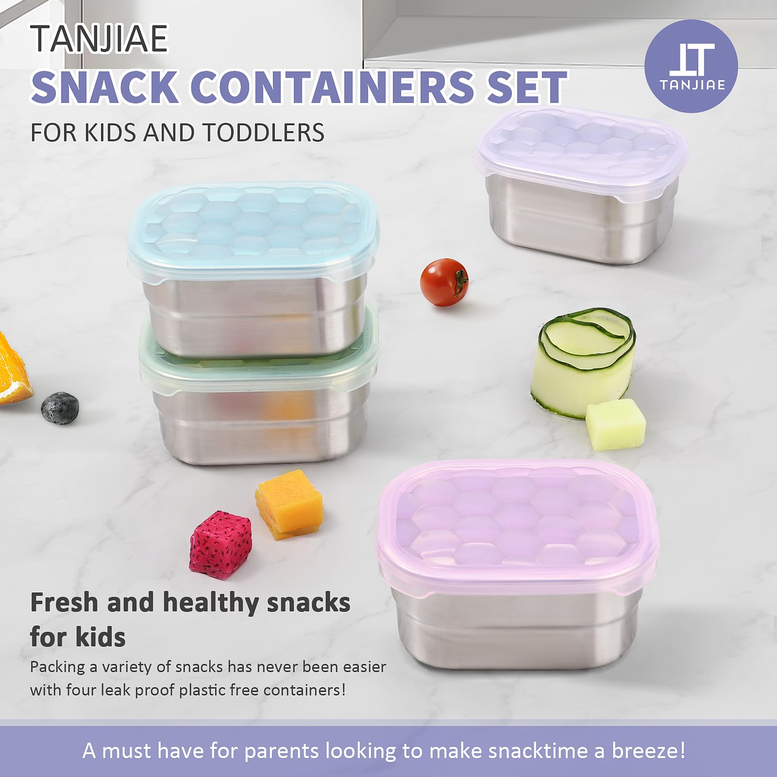 Tanjiae Stainless Steel Snack Containers for Kids and Toddlers | Easy Open Leak Proof Small Food Containers with Silicone Lids - Perfect Metal Lunch Box for Daycare and School (8oz, Set of 4)