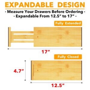 SpaceAid Bamboo 4 Pack Dresser Drawer Dividers, 4.65“ High Adjustable 12.5“-17” Drawer Organizers, Expandable Organization for Clothing, Clothes, Dressers, Natural