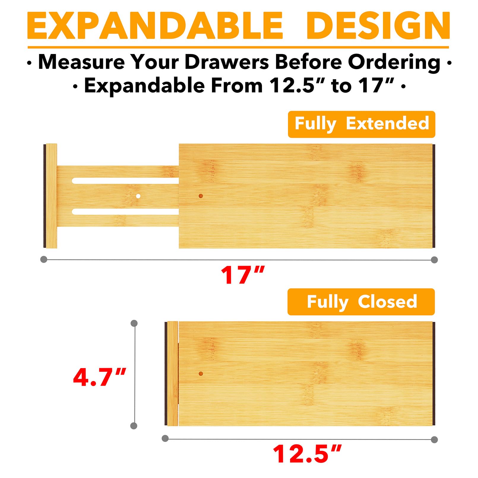 SpaceAid Bamboo 4 Pack Dresser Drawer Dividers, 4.65“ High Adjustable 12.5“-17” Drawer Organizers, Expandable Organization for Clothing, Clothes, Dressers, Natural