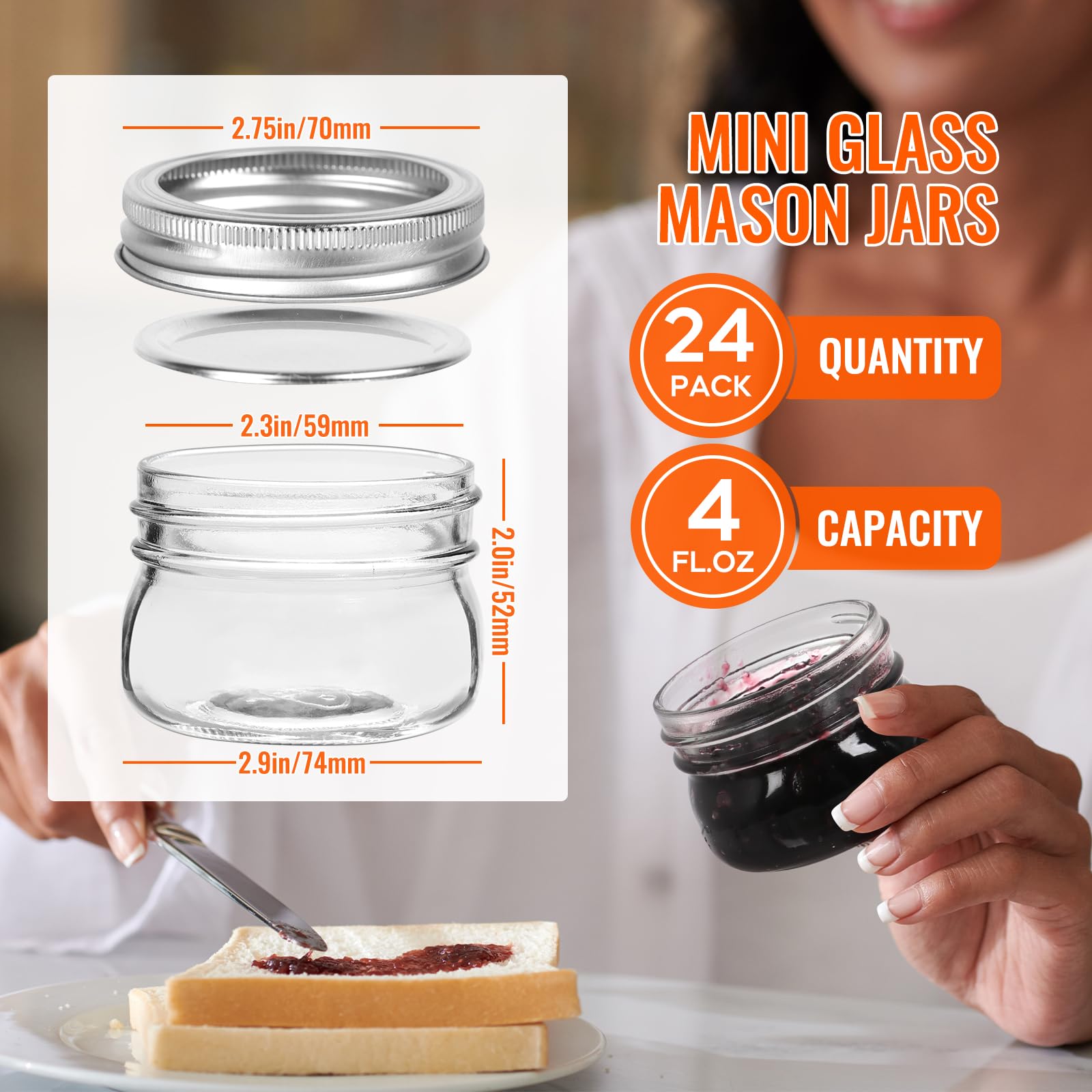 AuroTrends 4 oz Mason Jars with Lids 24Pack, Small Mason Jars 4 oz- Small Glass Jars with Lids 4 oz for Canning and Salad Dressing Container to Go (4fl.oz/Set of 24)