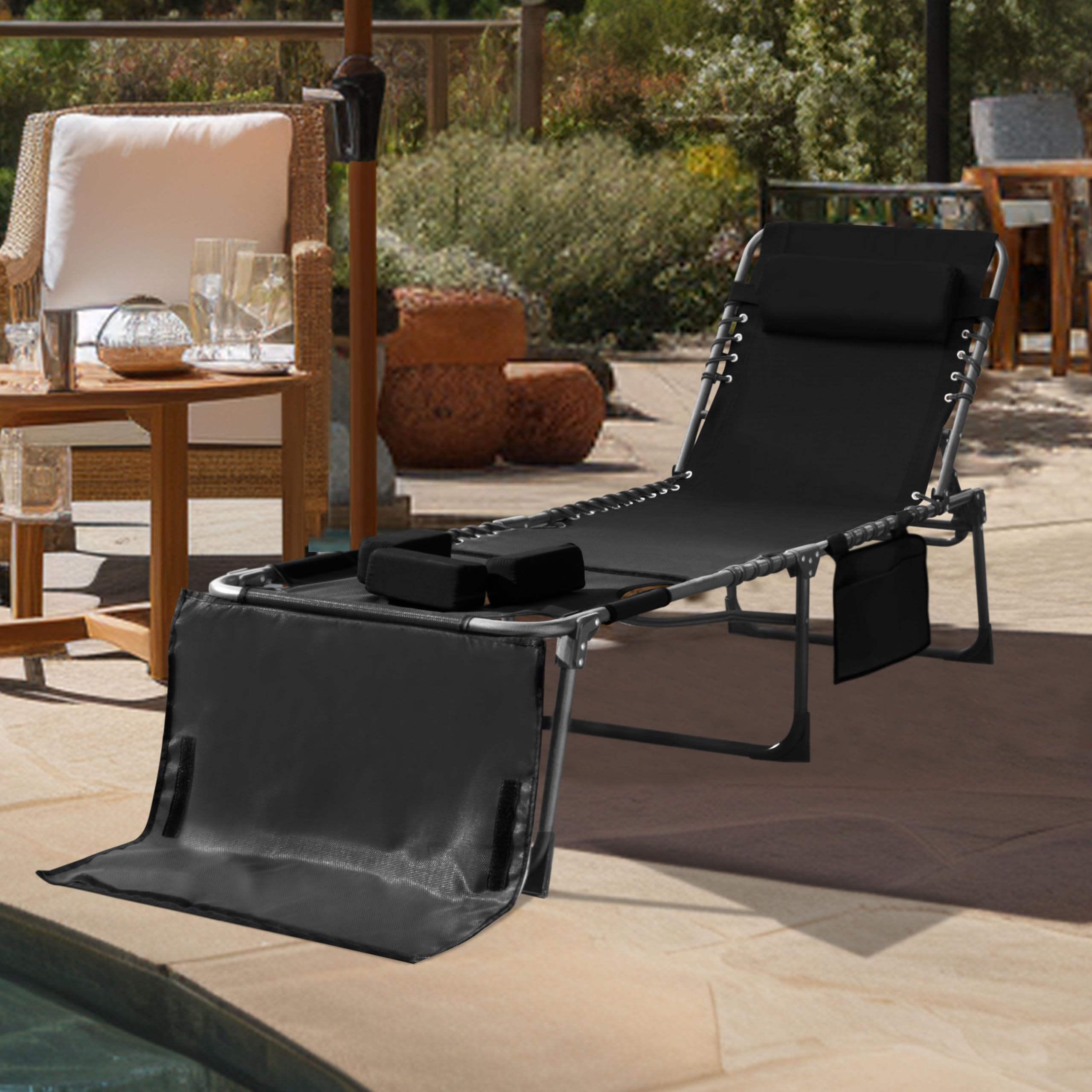 VEIKOU Tanning Chair Lounge Chair, 2 Pack Lounge Chairs for Outside with 5-Position Adjustable Backrest, Detachable Pillow, Folding Lounge Chair for Beach, Patio, Poolside, Black