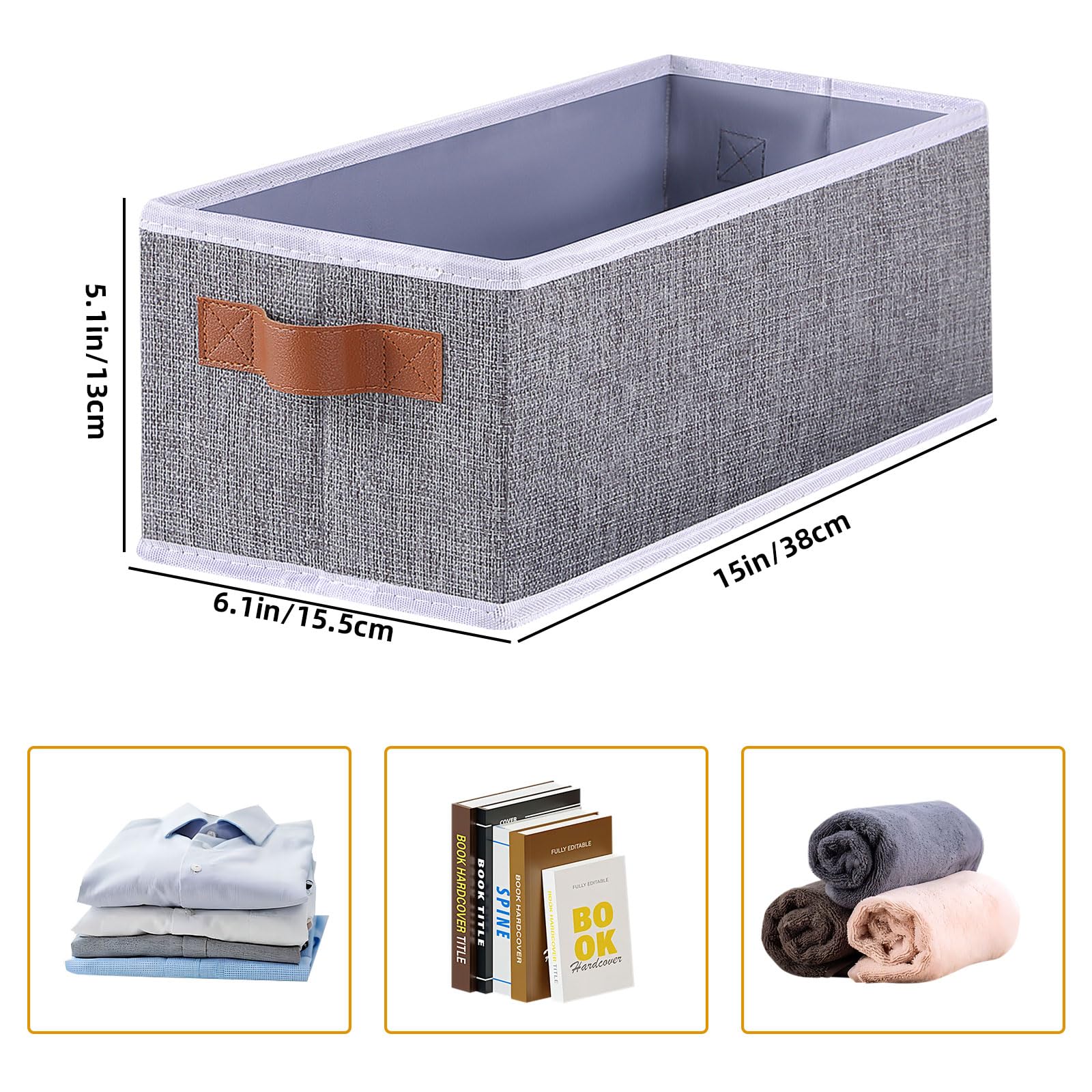 OUTBROS Storage Bins,Foldable Storage Baskets for Organizing,Fabric Storage Boxes With Handles,For bedrooms, living rooms, Shelves,Grey,15x6.1x5.1in,3-Pack