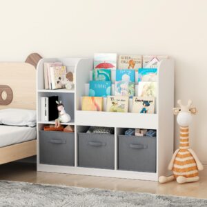 BAOMKONG Kids Bookcase and Bookshelf, Multi Shelf Cubby with 3 Collapsible Fabric Drawers, Children's Book and Toy Display Rack, Toy Storage Organizer for Bedroom, Playroom, Hallway, White + Grey