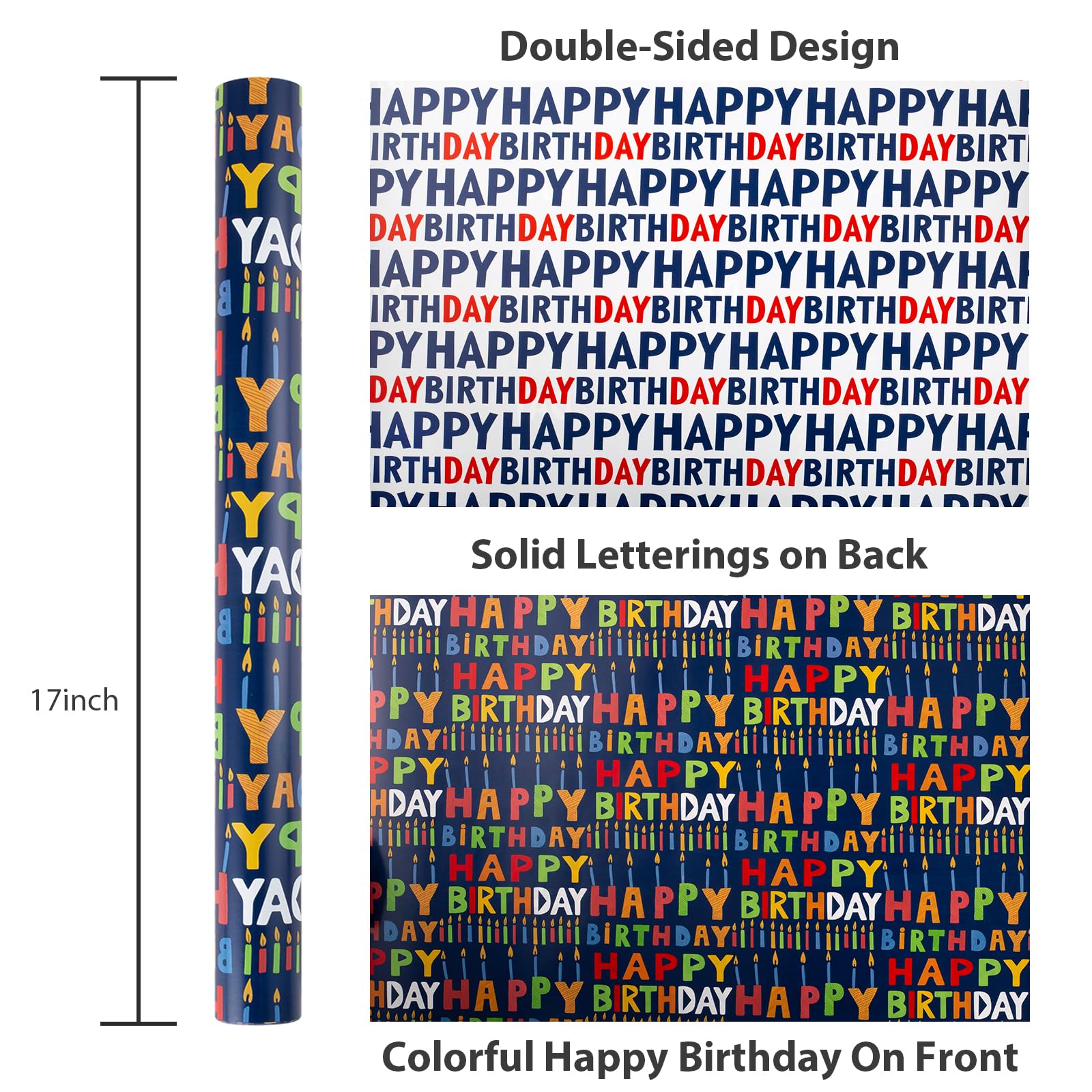 Reversible Birthday Wrapping Paper Roll - 17 Inch X 33 Ft(46.8 Sq.Ft.Ttl) - Creative Colorful Happy Birthday Lettering & Candle Navy Blue Gift Wrap Paper for Birthday, Party, Baby Shower & Holiday