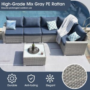 Temminkii Outdoor 6-Pieces Outdoor Warm Grey Wicker Sectional Sofas Patio Conversation Set W Blue Thickened Cushions,Coffee Table for Poolside,Backyard,Garden