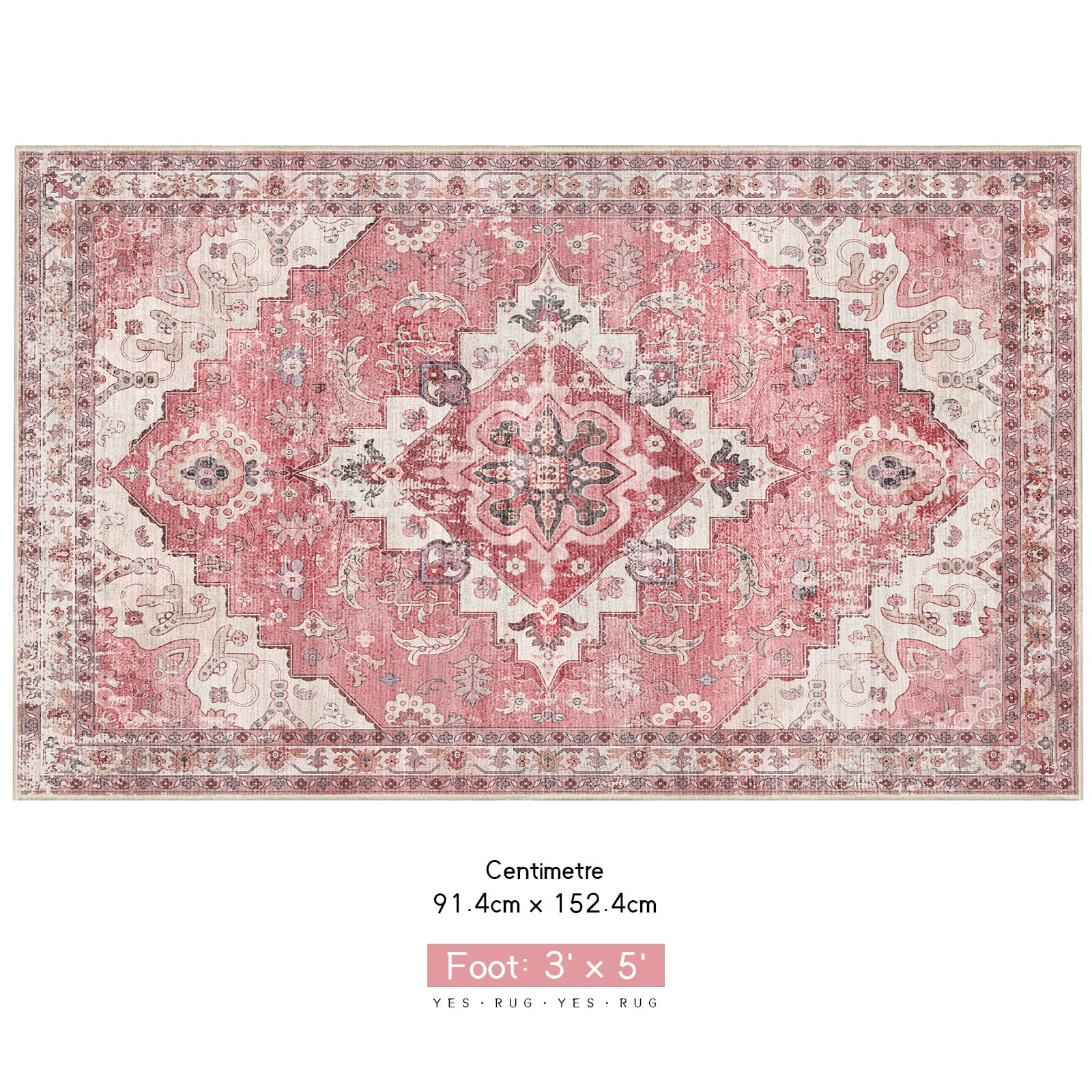 YesRug Pink Small Rug 3x5 Boho Vintage Rug for Living Room Bathroom Bedroom Kitchen Office Area Rug Non Slip Washable Low Pile Indoor Distressed Thin Carpet