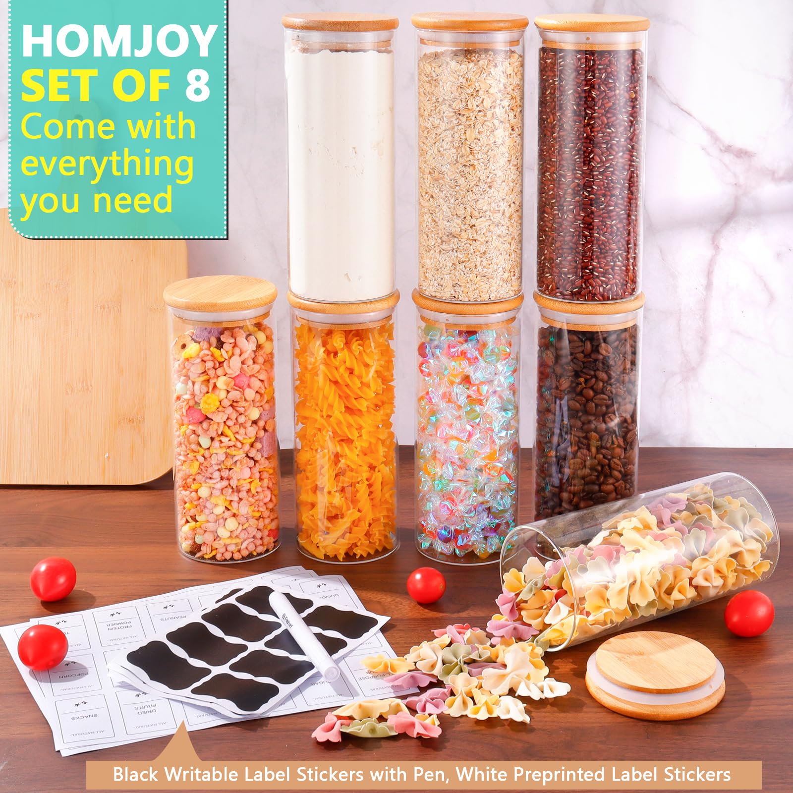 Homjoy 8 Pack Food Grade Glass Jars with Bamboo Lids, 34 FL OZ Airtight Glass Food Storage Containers with 104 Labels, Glass Flour and Sugar Containers for Flour, Sugar, Pasta,Coffee, Oats, Beans