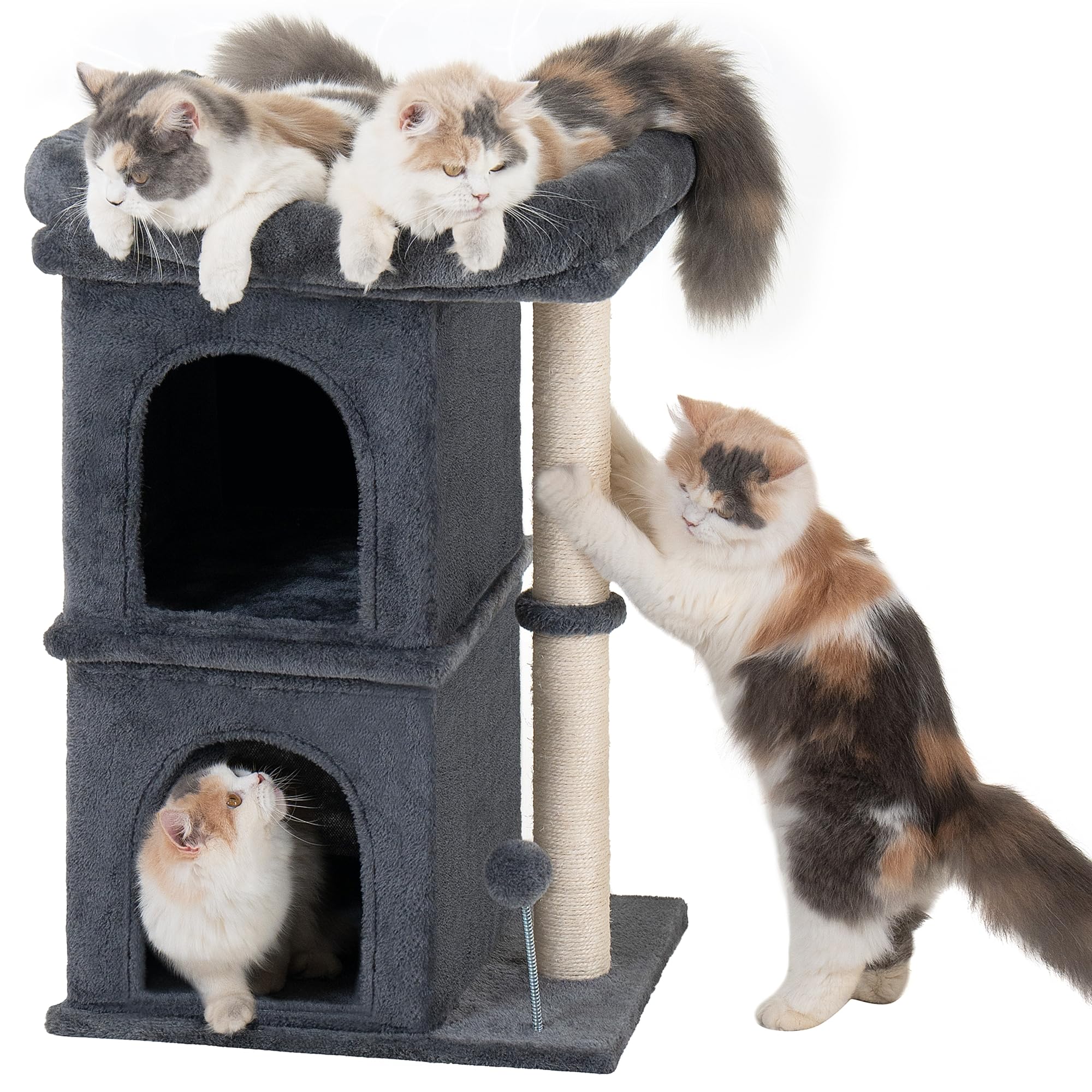 Aechonow Cat Tree for Large Cat, 19 * 16.5In Large Cat Perch, Adult Cat Tower for Indoor Cats with 24In Long Scratching Post, 2 Cozy Cat Condo House for Adult & Fat Cats, Dark Gray