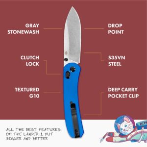 Knafs - Lander 2 Folding Pocket Knife with Clip - EDC for Men, Women, Everyone - Gray Stonewash Blade - Blue G10 Handle