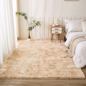 Calctic Fluffy 4x6 Shag Area Rug, Washable Tie-Dyed Beige Large Rug for Living Room and Bedroom, Soft Plush Faux Fur Carpet Ideal for Nursery Boys and Girls, Non-Slip Area Rug Perfect for Playroom