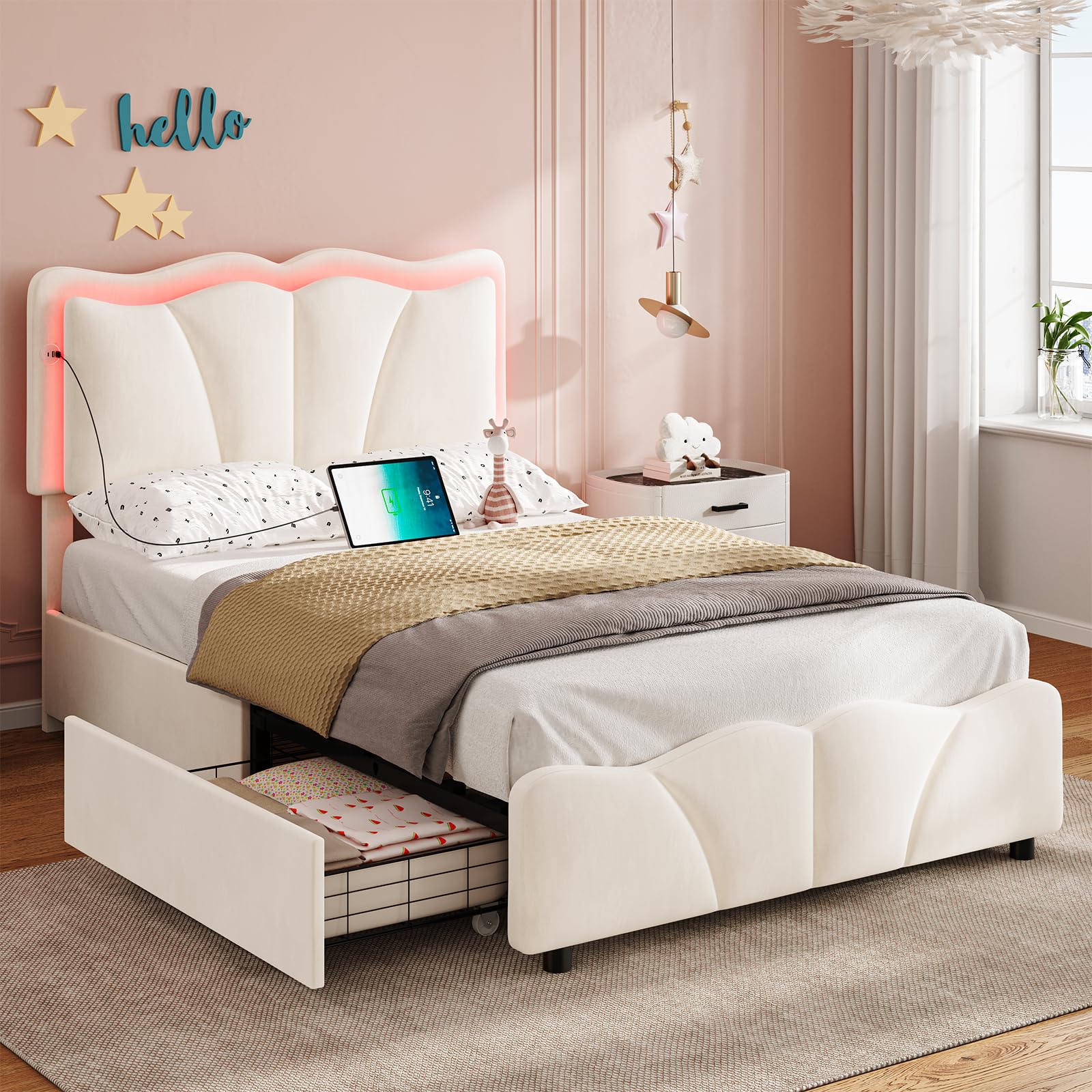 FORABAMB Twin Bed Frame with 4 Drawers, Upholstered LED Bed Frame with Adjustable Flowers Headboard, Platform Bed Frame Twin Size with Wooden Slats Support, No Box Spring Needed, Beige