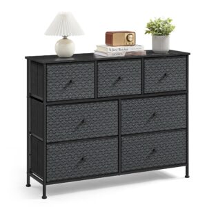 songmics dresser for bedroom, chest of drawers, closet organizer and storage cabinet with 7 fabric drawers, metal frame, ebony black and ink black ults117b01