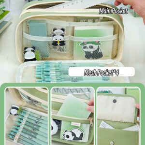 Ecqizer 10Pcs Cute Panda Pencil Case Large Capacity for Adults Aesthetic Pencil Case Kawaii Pencil Pouch Cute With Zipper Preppy Pen Bag With Gel Ink Pens, Clips, Stickers, Pin (Green)