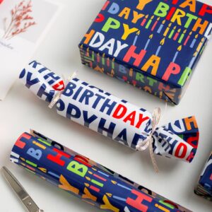 Reversible Birthday Wrapping Paper Roll - 17 Inch X 33 Ft(46.8 Sq.Ft.Ttl) - Creative Colorful Happy Birthday Lettering & Candle Navy Blue Gift Wrap Paper for Birthday, Party, Baby Shower & Holiday