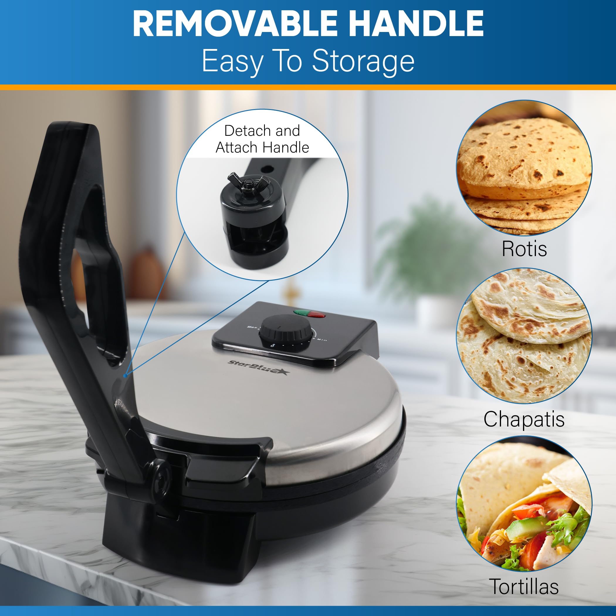 10inch Roti Maker by StarBlue with FREE Roti Warmer and Removable Handle - The automatic Stainless Steel Non-Stick Electric machine to make Indian style Chapati, Tortilla, Roti AC 110V 50/60Hz 1200W