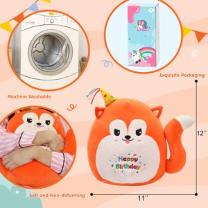 Easfan 12’’ Birthday Fox Plush Pillow Soft Fox Plush Toy Cute Fox Stuffed Animal Home Room Decoration Birthday Gifts for Kids Adults, Orange