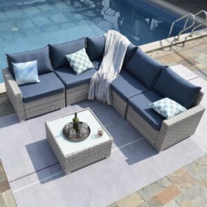 temminkii outdoor 6-pieces outdoor warm grey wicker sectional sofas patio conversation set w blue thickened cushions,coffee table for poolside,backyard,garden