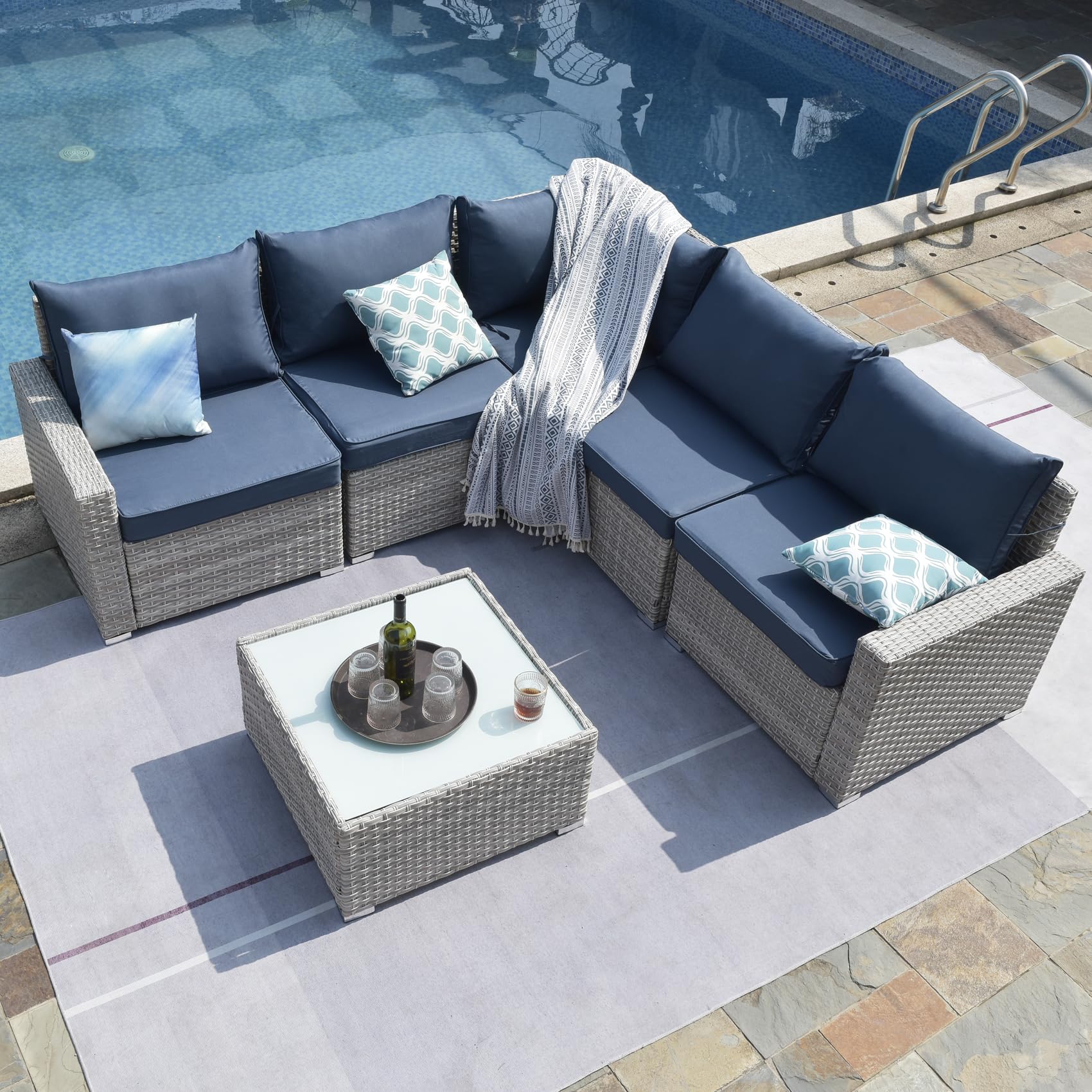 Temminkii Outdoor 6-Pieces Outdoor Warm Grey Wicker Sectional Sofas Patio Conversation Set W Blue Thickened Cushions,Coffee Table for Poolside,Backyard,Garden