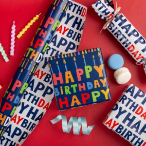 Reversible Birthday Wrapping Paper Roll - 17 Inch X 33 Ft(46.8 Sq.Ft.Ttl) - Creative Colorful Happy Birthday Lettering & Candle Navy Blue Gift Wrap Paper for Birthday, Party, Baby Shower & Holiday